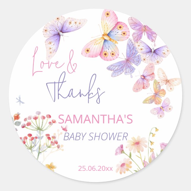 Sticker Rond Petit papillon fleur sauvage baby shower merci (Devant)