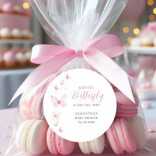 Sticker Rond Petit papillon rose fille Baby shower d'aquarelle