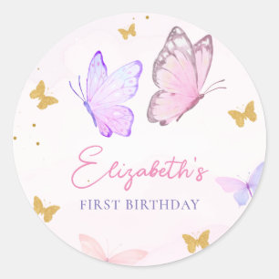 Sticker Rond Petit Papillon rose violet or fille Anniversaire