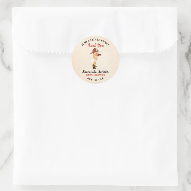 Sticker Rond Petit pompier Baby shower rouge Merci (Sac)