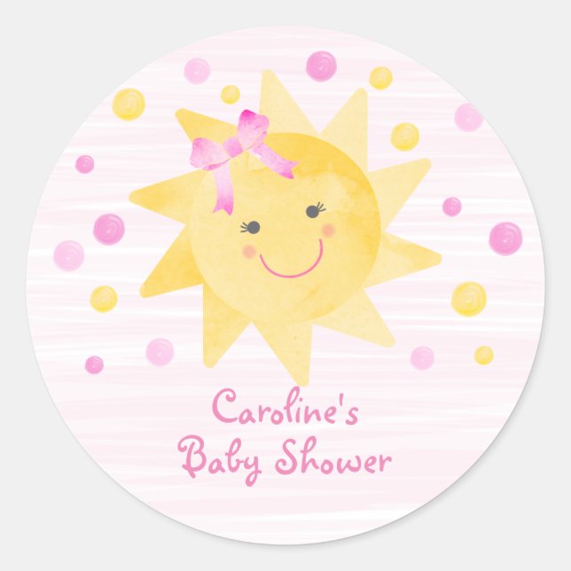 Sticker Rond Petit rayon de soleil Baby shower jaune rose (Devant)