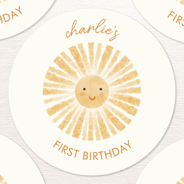 Sticker Rond Petit soleil premier anniversaire Personnalisé (Personalized custom name first birthday watercolor sunshine sticker)