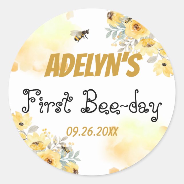 Sticker Rond Petite Aquarelle Florale de Miel Abeille 1er Anniv (Devant)