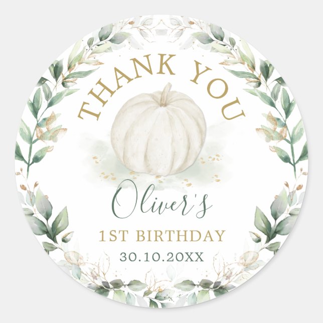 Sticker Rond Petite Citrouille Sage verdure Gold Wreath Anniver (Devant)