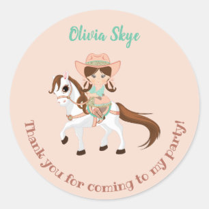 Sticker Rond Petite Cowgirl à cheval pour l'anniversaire des fi