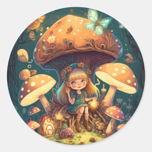 Sticker Rond Petite elve de fille parmi les champignons (Devant)