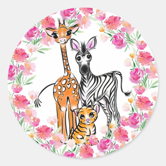 Sticker Rond Petite fille amis Safari, girafe, zèbre, tigre (Devant)