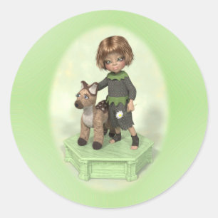 Sticker Rond Petite fille avec plushtoy fawn classique manche r