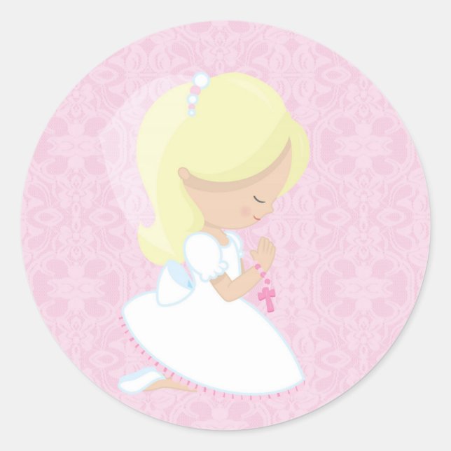 Sticker Rond Petite fille blonde, rose, première communion (Devant)