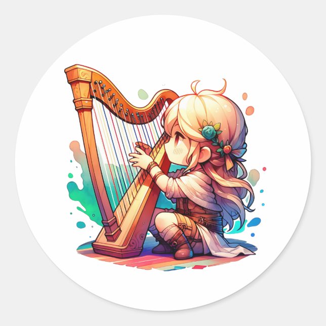 Sticker Rond Petite fille Chibi Jouant de la harpe (Devant)