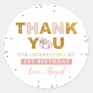 Sticker Rond Petite fille Citrouille rose or florale 1er annive
