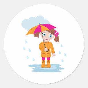 Sticker Rond Petite Fille en Imper Orange avec Parapluie Rose