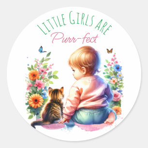 Sticker Rond Petite fille et chaton   Baby shower aquarelle