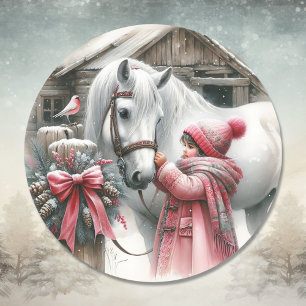 Sticker Rond Petite fille et son cheval Noël rustique