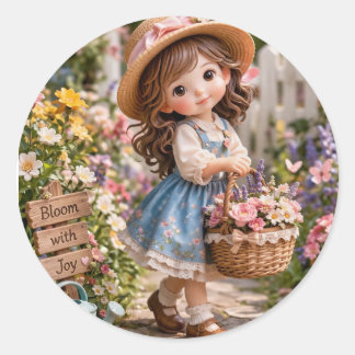 Sticker Rond Petite fille et son jardin de fleurs