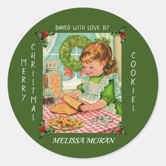 Sticker Rond Petite fille mignonne cuire des bonbons de Noël (Devant)