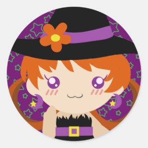 Sticker Rond Petite fille rousse mignonne de sorcière