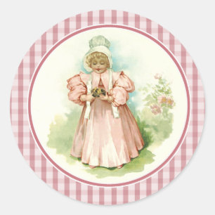Sticker Rond Petite fille vintage avec poussins Pâques