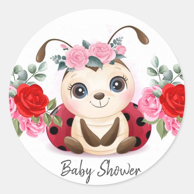 Sticker Rond Petite Ladybug Rouge rose Baby shower Floral Fille (Devant)