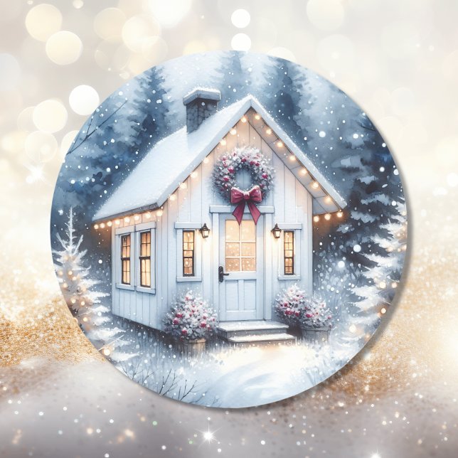 Sticker Rond Petite maison dans une Forêt Magique d'hiver Noël (Créateur téléchargé)
