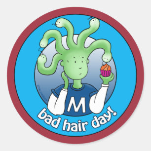 Sticker Rond Petite Méduse, Mauvaise Journée Des Cheveux !