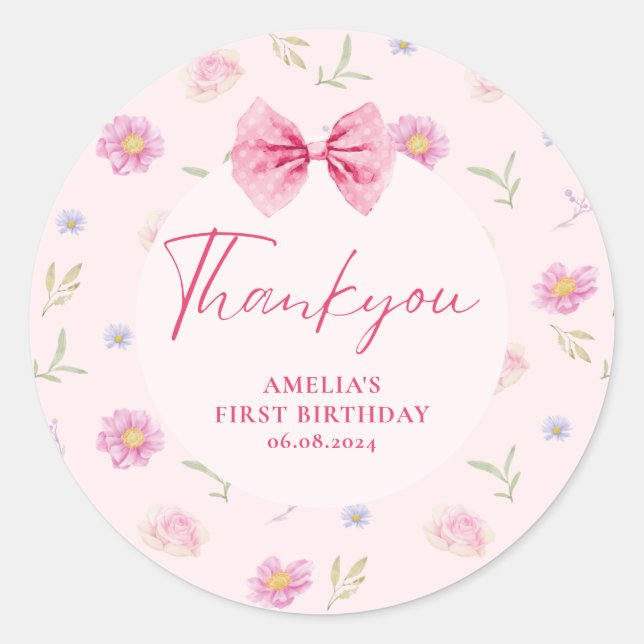 Sticker Rond Petite miss fleurie Pink Bow Onederful 1er anniver (Devant)