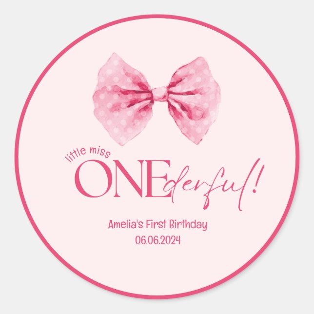 Sticker Rond Petite miss fleurie Pink Bow Onederful 1er anniver (Devant)