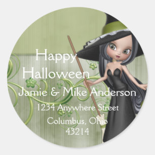 Sticker Rond Petite sorcière Halloween Automne Retour Adresse É