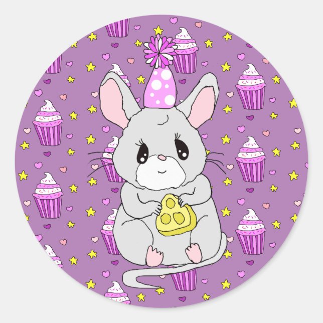 Sticker Rond Petite souris d'anniversaire mignonne pourpre (Devant)