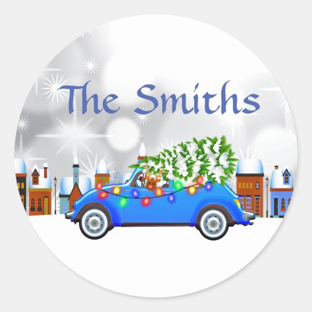 Sticker Rond Petite voiture bleue et arbre Noël personnalisé (Devant)