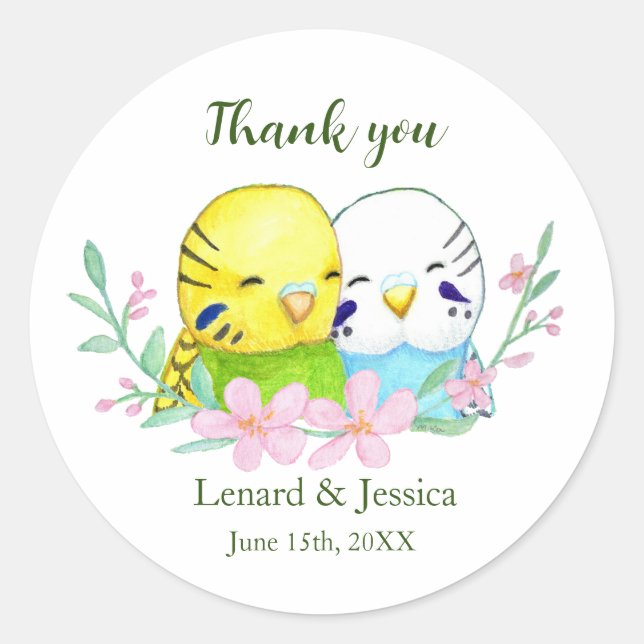 Sticker Rond Petites Budgies Couple Mariage personnalisé Favori (Devant)