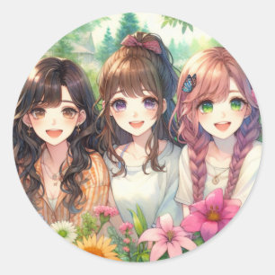 Sticker Rond Petites Filles Anime