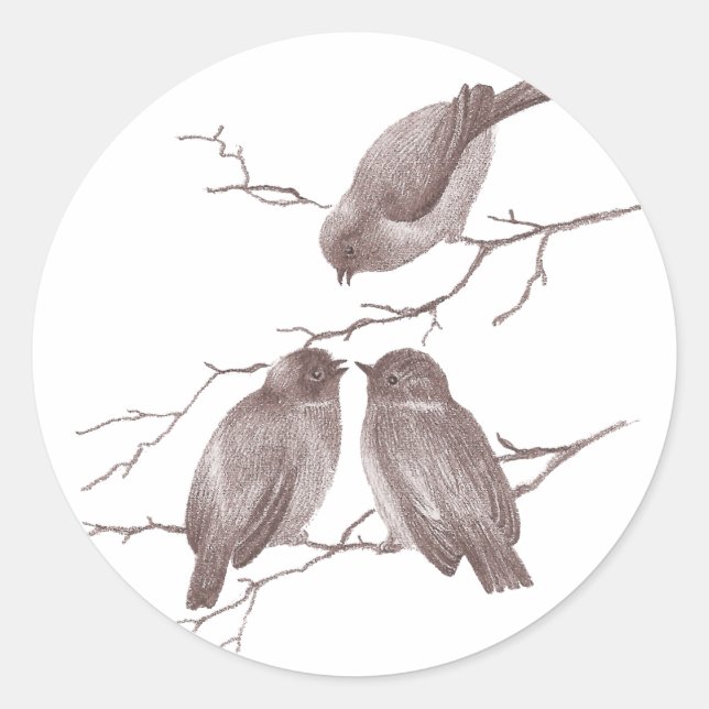 Sticker Rond Petits oiseaux qui bavardent sur une branche d'hiv (Devant)