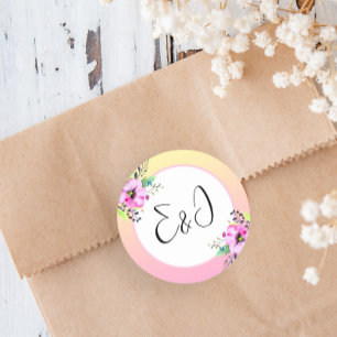 Sticker Rond Pétunias Élégants Fleuris Jaune et Rose Initiales