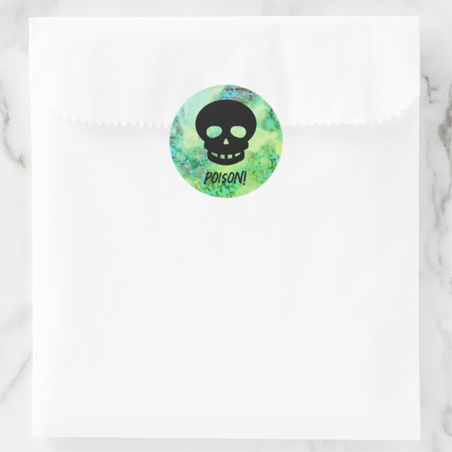 Sticker Rond Peur Vert POISON Crâne noir Halloween Favoriser (Sac)