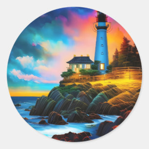 Sticker Rond Phare au coucher du soleil