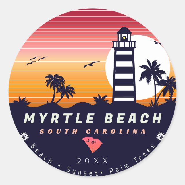 Sticker Rond Phare de Myrtle Beach SC Retro Sunset Souvenirs (Devant)