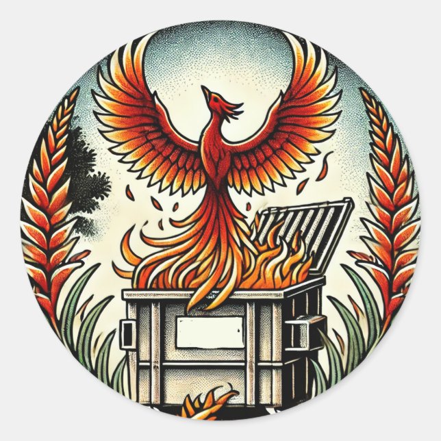 Sticker Rond Phénix renaissant des cendres du feu de la poubell (Devant)