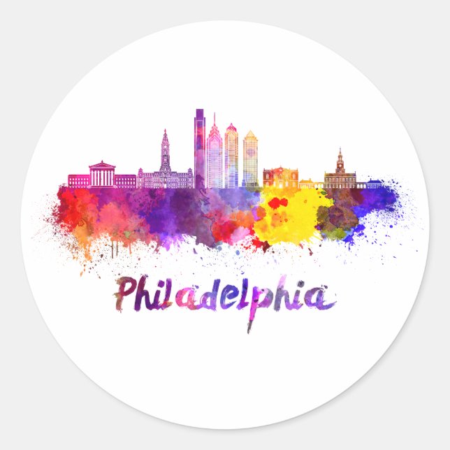 Sticker Rond Philadelphie V2 skyline in watercolor (Devant)