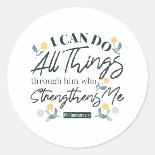 Sticker Rond Philippians 4:13 avec l'art floral blanc ver Stick