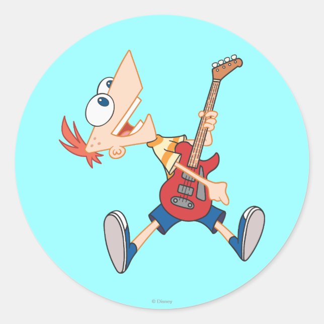 Sticker Rond Phineas s'arrachent avec la guitare (Devant)