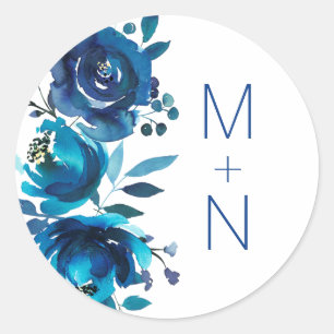 Sticker Rond Phoque de l'enveloppe mariage Indigo Blue Floral