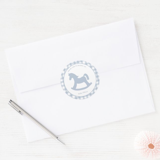 Sticker Rond Phoque d'enveloppe pour bébé En vichy bleu (Enveloppe)