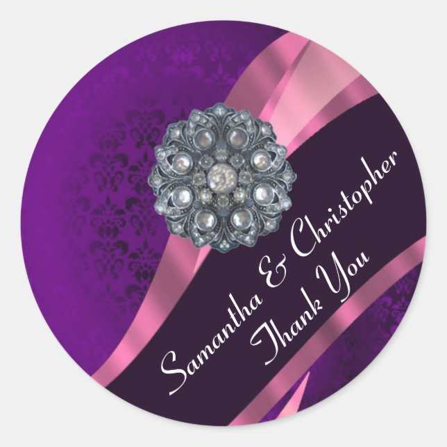 Sticker Rond Phoque mariage damassé violet rose (Devant)
