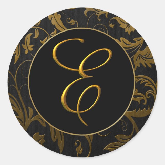 Sticker Rond Phoque Monogram E Gold et Black Mariage damassé (Devant)