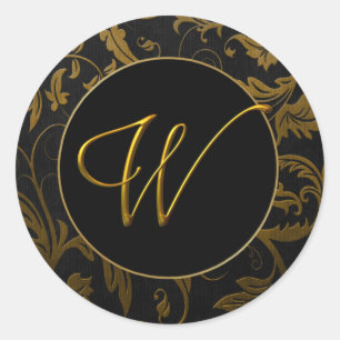 Sticker Rond Phoque Monogram W Gold et Black Mariage damassé