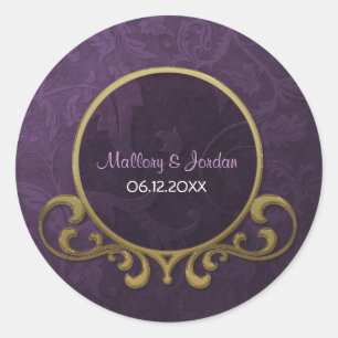 Sticker Rond Phoque Plum et or Mariage damassé - Personnaliser
