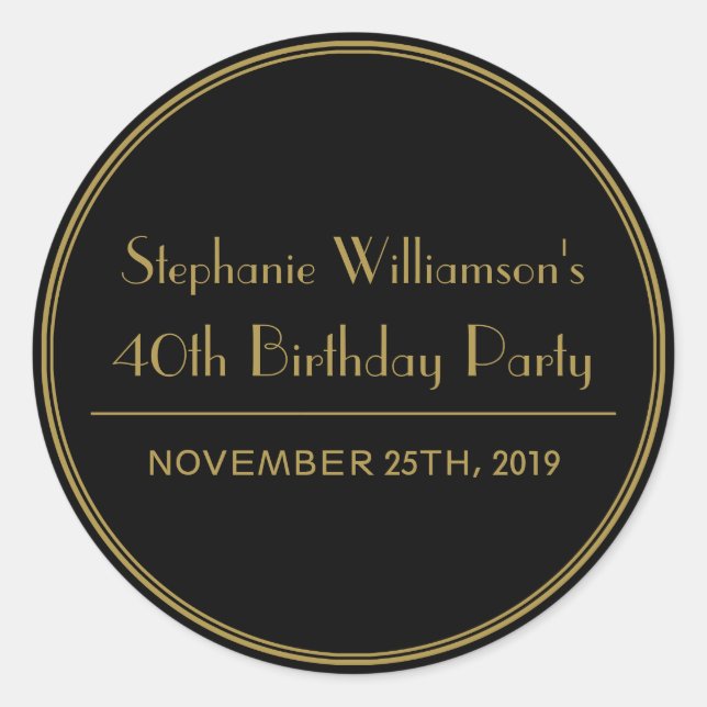 Sticker Rond Phoques d'anniversaire Gold et Black Art Déco (Devant)