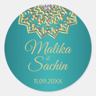 Sticker Rond Phoques de Mariage indien Mandala Flower Turquoise