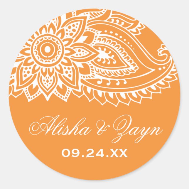 Sticker Rond Phoques d'enveloppe Mariage orange indien Paisley (Devant)
